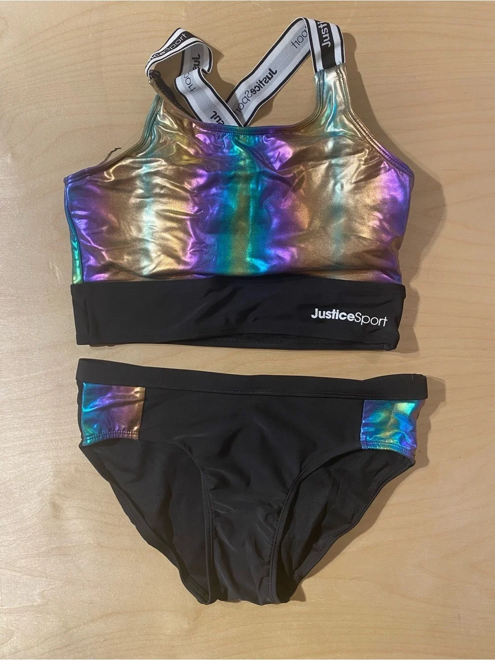 Justice Sport Iridescent Gold-Blue Two-Piece Athletic Swim Set XL (16/18) (RG)